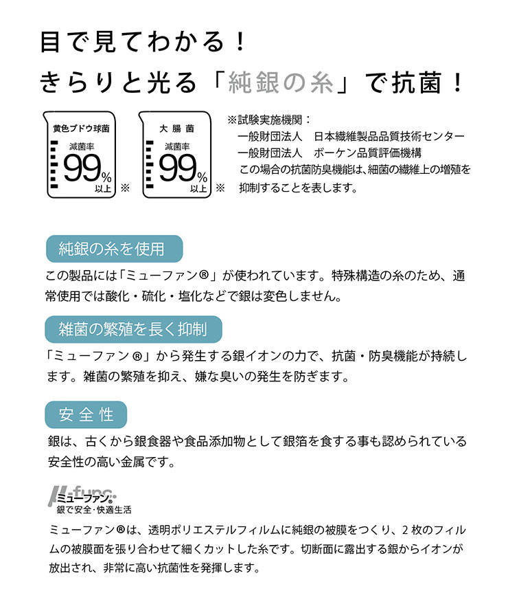 特殊構造の糸「ミューファン」の切断面に露出する銀からイオンが放出され、非常に高い抗菌性を発揮