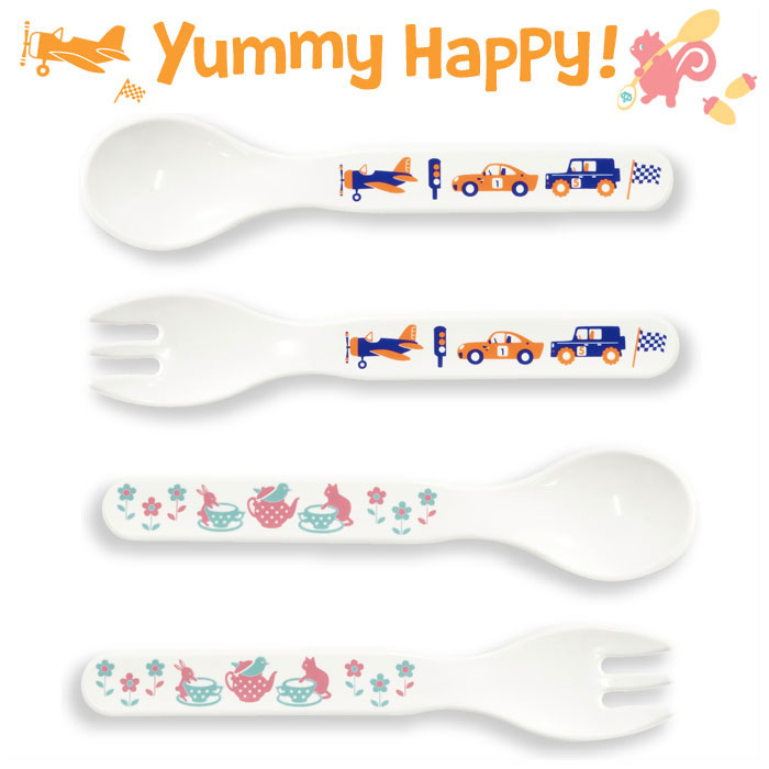 ヤミーハッピー スプーン・フォーク【キッズ 食器 カトラリー ベビー 耐熱 ベビー食器 赤ちゃん 子供 男の子 女の子 乗り物 くるま 子供用食器 食洗機対応 離乳食 プラスチック 日本製】 フォーク/ピンク