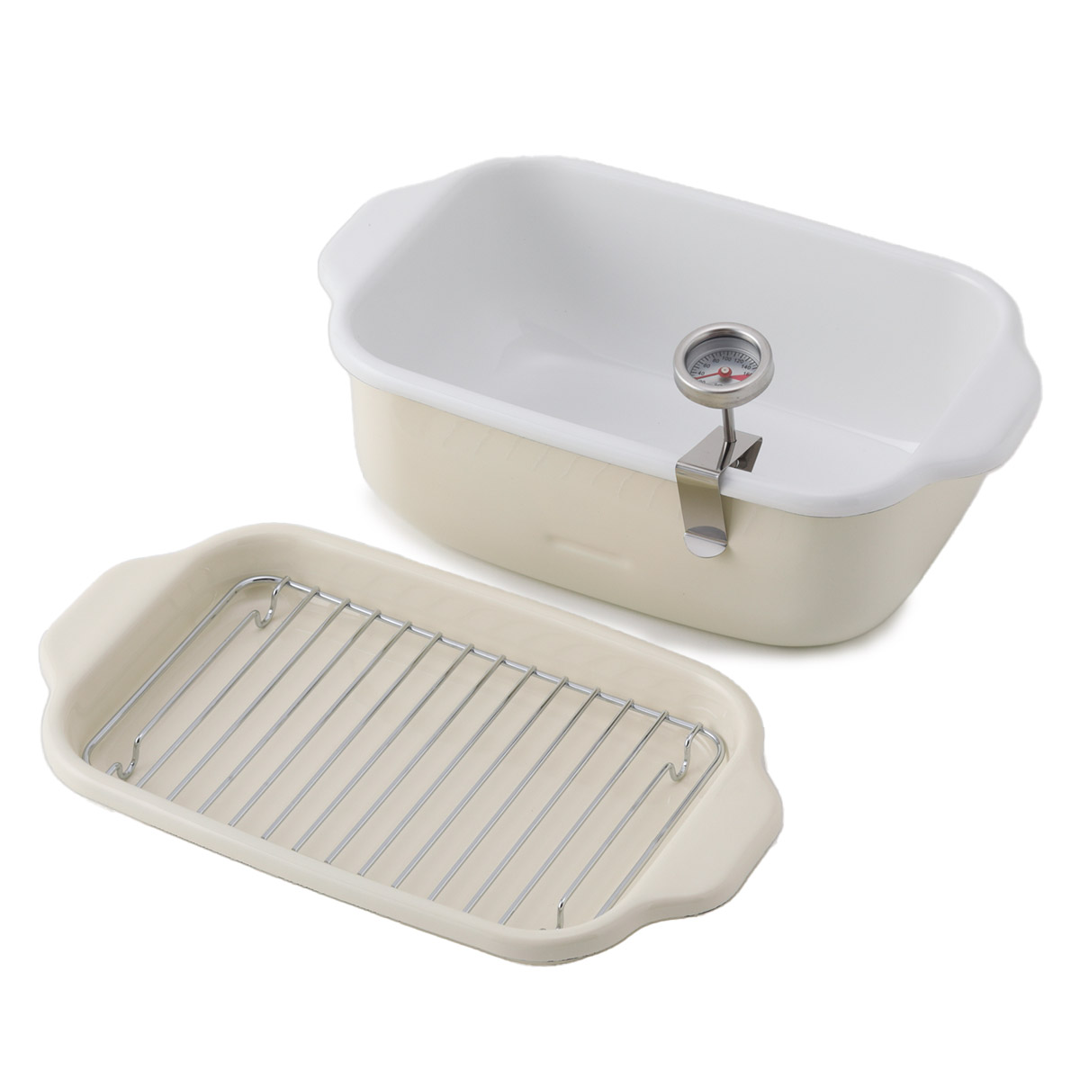 富士ホーロー 角型天ぷら鍋 IH対応 温度計付き 揚げ網 バット付き TP-20K.W .LG.VA【天ぷら鍋 ホーロー ミニ 角 スクエア 少ない油 四角 揚げ鍋 四角い 琺瑯 ほうろう】 バニラ