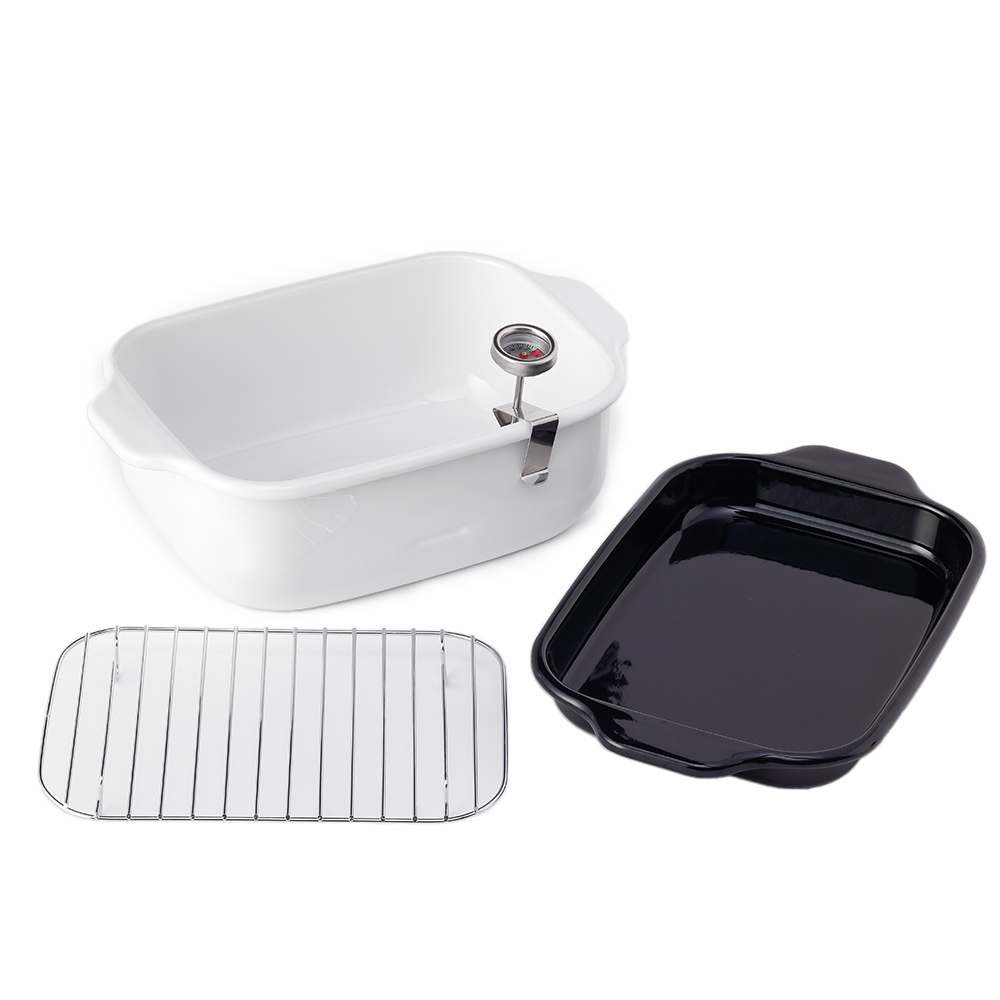 富士ホーロー 角型天ぷら鍋 ワイド IH対応 温度計付き 揚げ網 バット付き 別注カラー TP-22K【天ぷら鍋 揚げ鍋 スクエア ホーロー 角 少ない油 四角 琺瑯 ほうろう】 ホワイト