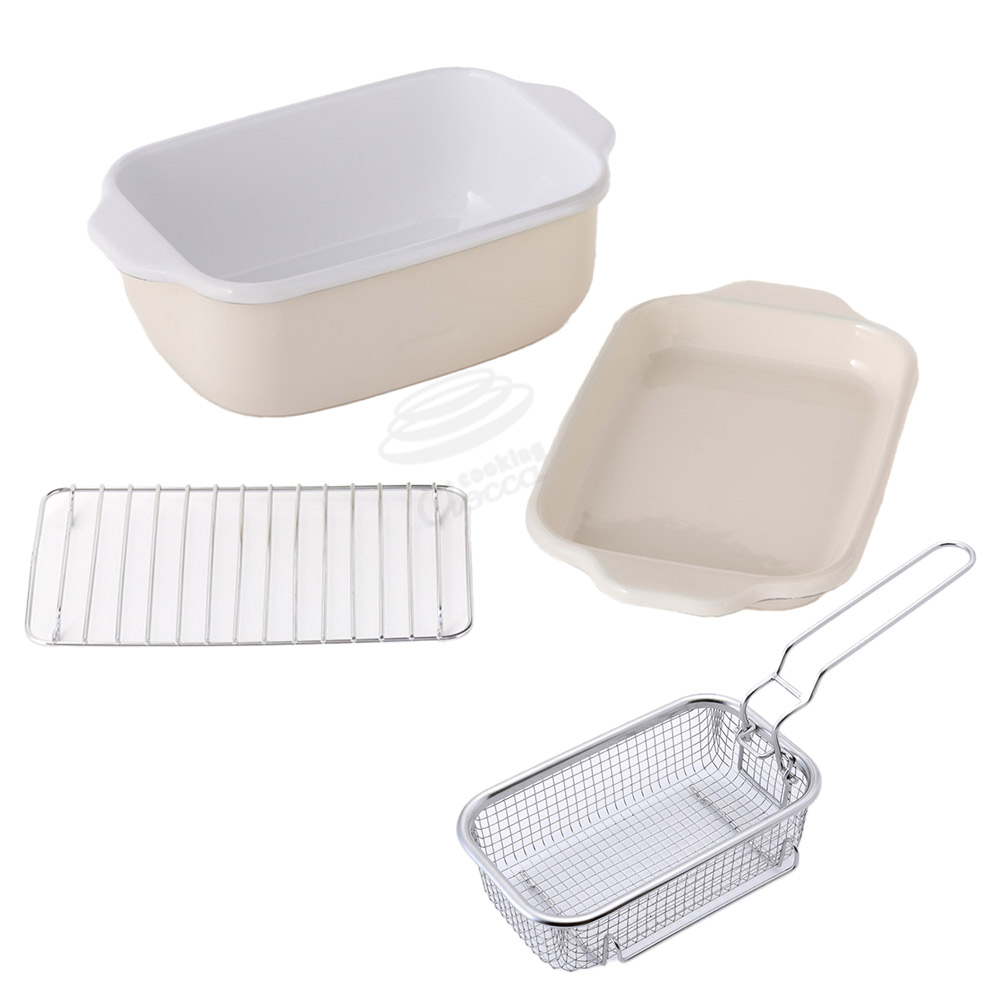 富士ホーロー 角型天ぷら鍋 角型揚げざる セット IH対応 温度計付き 揚げ網 バット付き TP-20K.W .LG.VA【天ぷら鍋 ホーロー 角型フライヤーバスケット 揚げザル ミニ 角 揚げ鍋 四角い 琺瑯 ほうろう】バニラ（温度計なし） フライヤーバスケット