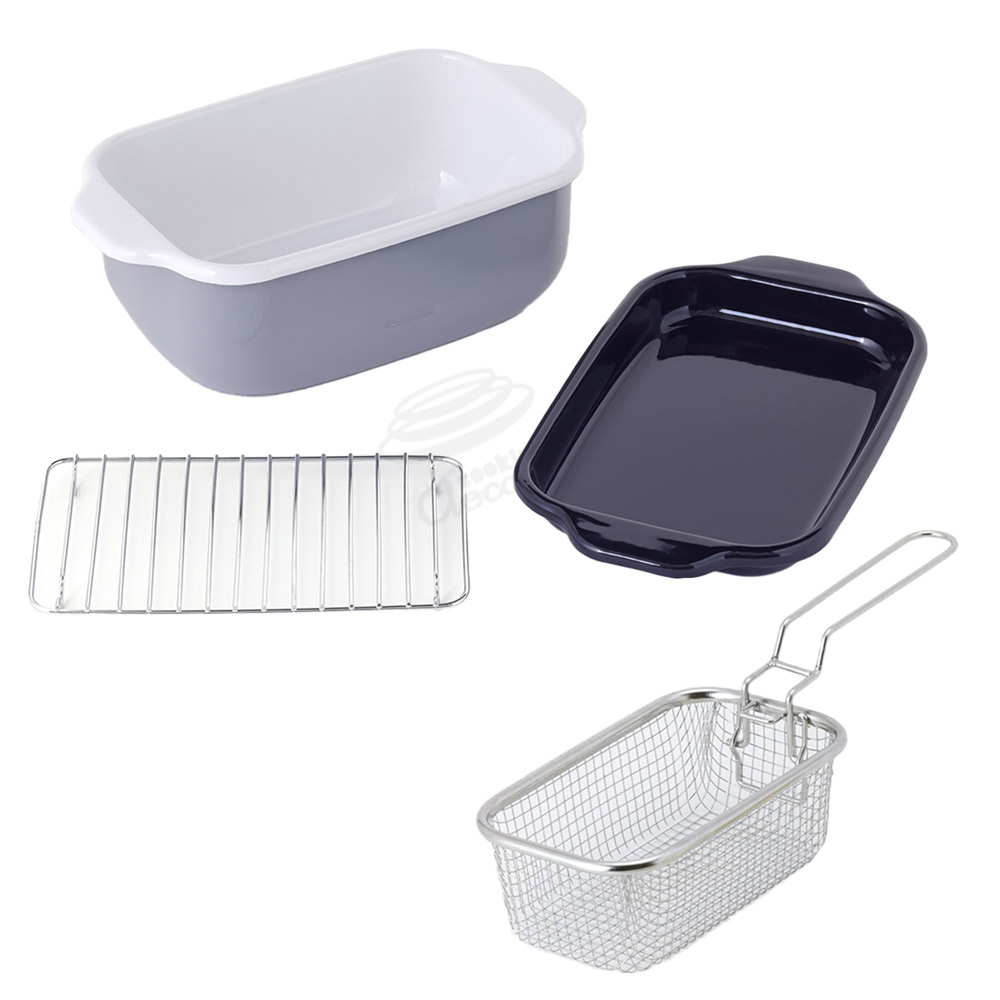 富士ホーロー 角型天ぷら鍋 角型揚げざる セット IH対応 温度計付き 揚げ網 バット付き TP-20K.W .LG.VA【天ぷら鍋 ホーロー 角型フライヤーバスケット 揚げザル ミニ 角 揚げ鍋 四角い 琺瑯 ほうろう】ライトグレー（温度計なし） 角型揚げざる