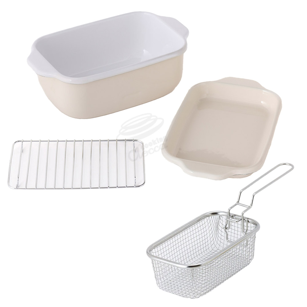 富士ホーロー 角型天ぷら鍋 角型揚げざる セット IH対応 温度計付き 揚げ網 バット付き TP-20K.W .LG.VA【天ぷら鍋 ホーロー 角型フライヤーバスケット 揚げザル ミニ 角 揚げ鍋 四角い 琺瑯 ほうろう】バニラ（温度計なし） 角型揚げざる