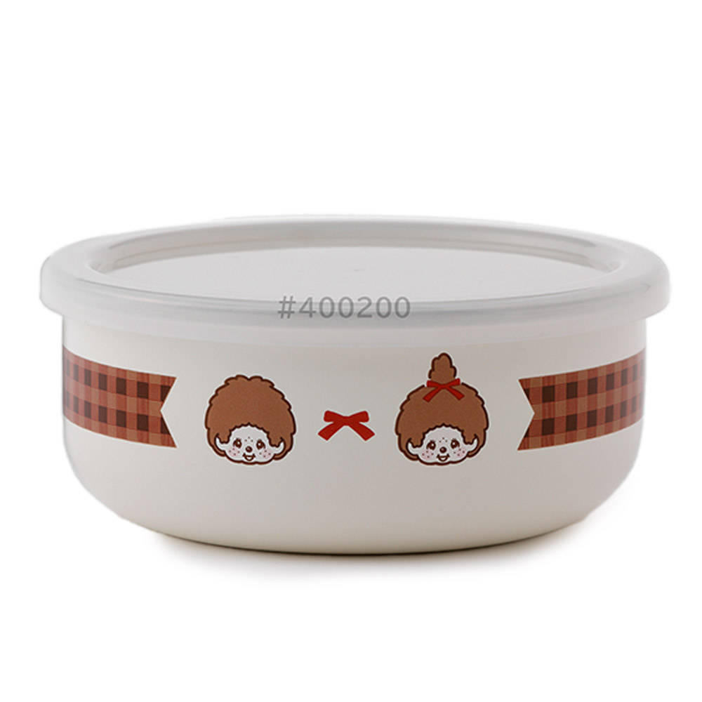 モンチッチ チェック 14cm 丸型容器 ホーロー容器 800ml 富士ホーロー MNC-14CF【ホーロー 琺瑯 保存容器 ほうろう 丸 蓋付き ボウル 食品保存容器 キャラクター グッズ】