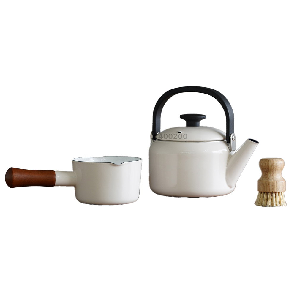 富士ホーロー ナチュール 3点セット ホワイト レッド ホーロー 新生活 調理器具セット ミルクパン ケトル パームブラシ【片手鍋 やかん ホーロー鍋 セット 琺瑯 ほうろう 新生活応援 福袋】ホワイト