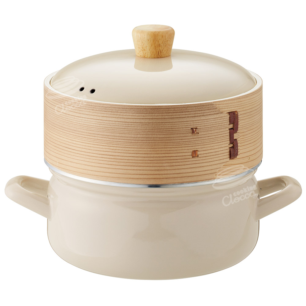 せいろ付きホーロー鍋 18cm 富士ホーロー ガス火 IH対応 シリコンメッシュシート SER-18W【琺瑯 両手鍋 竹せいろ 蒸篭 中華セイロ 蒸し セット 蒸し鍋 スチーマー】 グレージュ1段