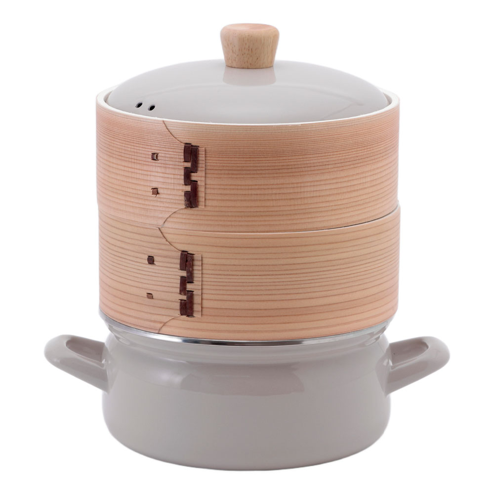 せいろ付きホーロー鍋 18cm 富士ホーロー ガス火 IH対応 シリコンメッシュシート SER-18W【琺瑯 両手鍋 竹せいろ 蒸篭 中華セイロ 蒸し セット 蒸し鍋 スチーマー】 グレージュ2段