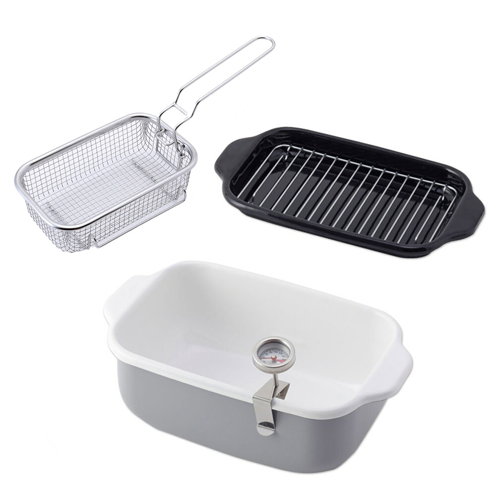 富士ホーロー 角型天ぷら鍋 角型揚げざる セット IH対応 温度計付き 揚げ網 バット付き TP-20K.W .LG.VA【天ぷら鍋 ホーロー 角型フライヤーバスケット 揚げザル ミニ 角 揚げ鍋 四角い 琺瑯 ほうろう】ライトグレー フライヤーバスケット