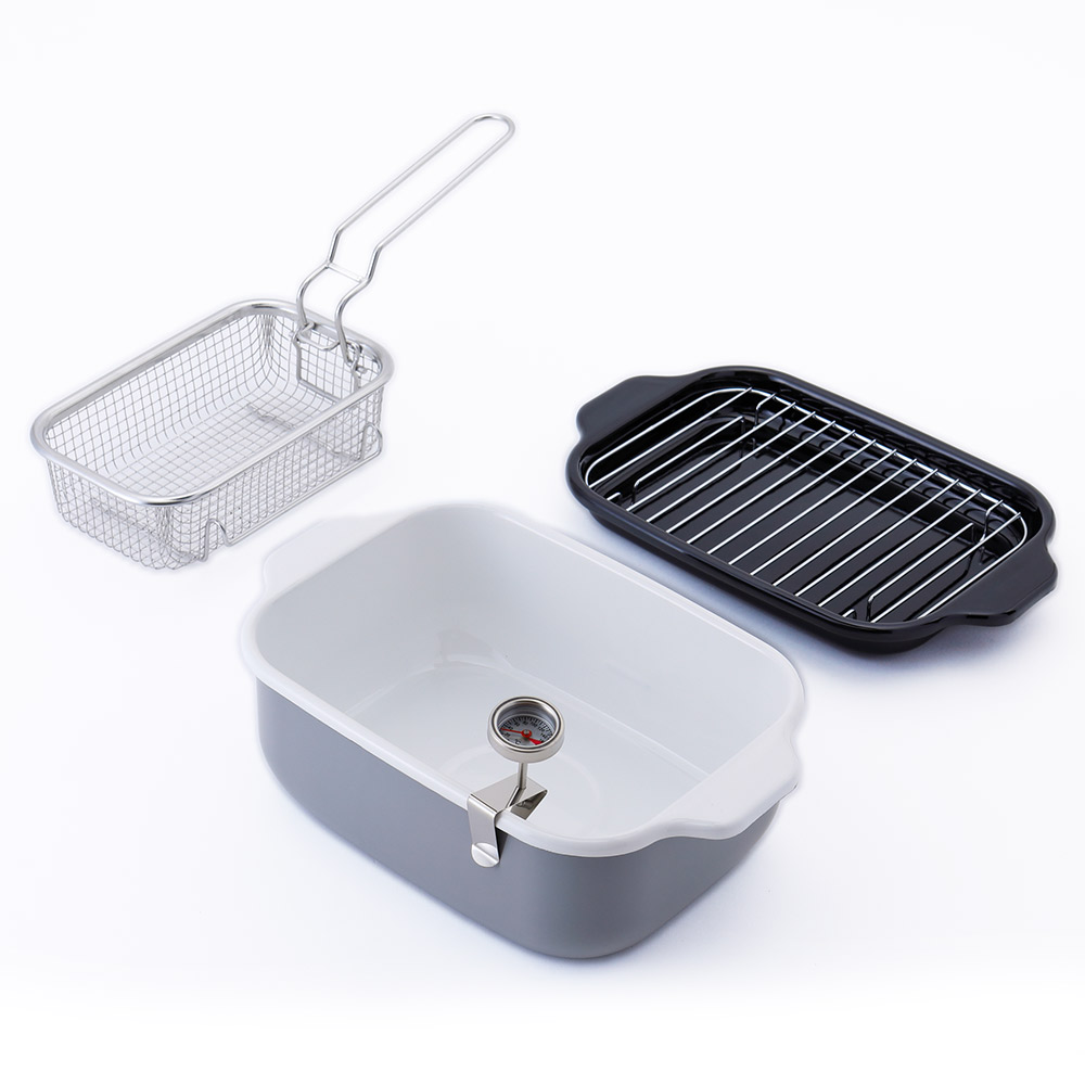 富士ホーロー 角型天ぷら鍋 角型揚げざる セット IH対応 温度計付き 揚げ網 バット付き TP-20K.W .LG.VA【天ぷら鍋 ホーロー 角型フライヤーバスケット 揚げザル ミニ 角 揚げ鍋 四角い 琺瑯 ほうろう】ライトグレー（ワイド） フライヤーバスケット