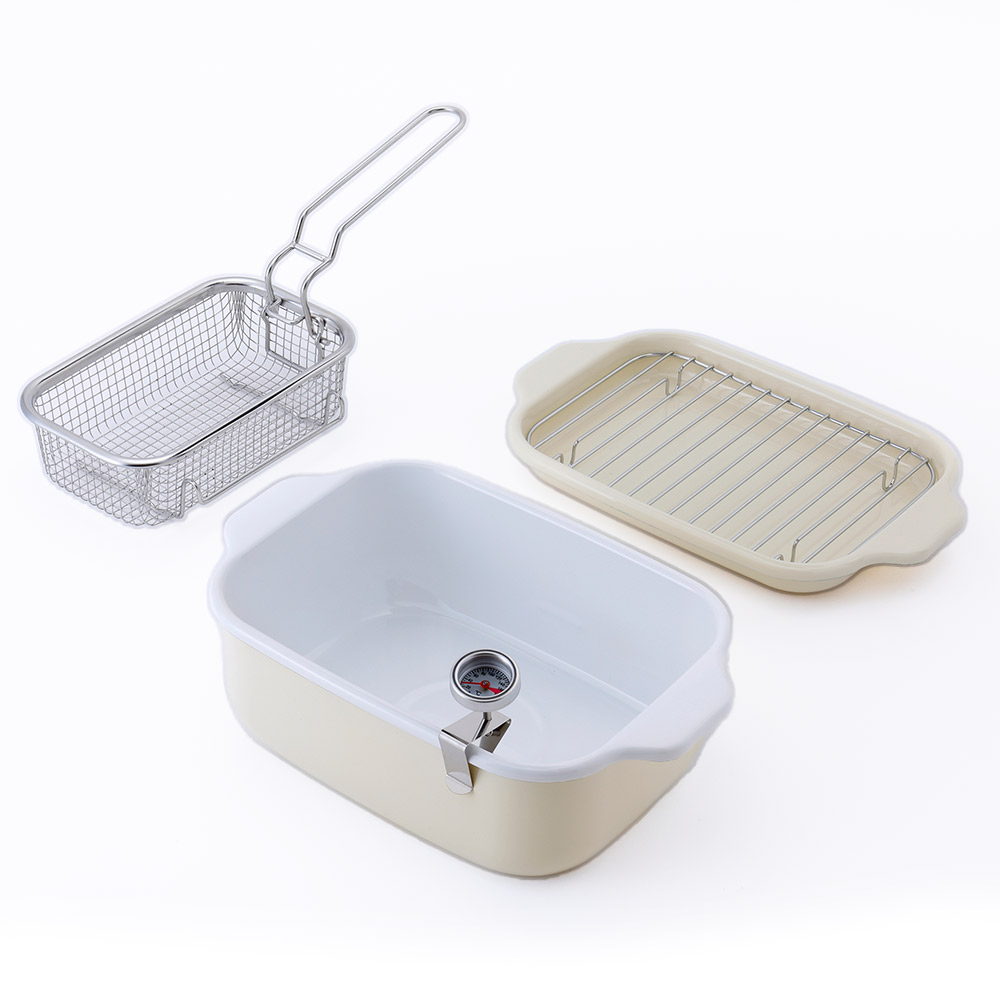 富士ホーロー 角型天ぷら鍋 角型揚げざる セット IH対応 温度計付き 揚げ網 バット付き TP-20K.W .LG.VA【天ぷら鍋 ホーロー 角型フライヤーバスケット 揚げザル ミニ 角 揚げ鍋 四角い 琺瑯 ほうろう】バニラ（ワイド） フライヤーバスケット