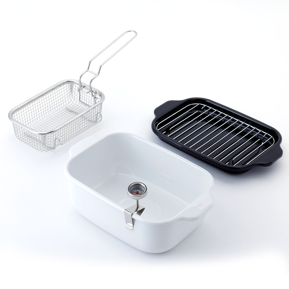 富士ホーロー 角型天ぷら鍋 角型揚げざる セット IH対応 温度計付き 揚げ網 バット付き TP-20K.W .LG.VA【天ぷら鍋 ホーロー 角型フライヤーバスケット 揚げザル ミニ 角 揚げ鍋 四角い 琺瑯 ほうろう】ホワイト（ワイド） フライヤーバスケット