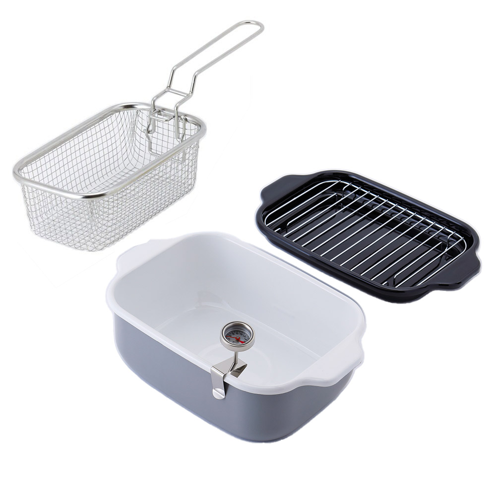 富士ホーロー 角型天ぷら鍋 角型揚げざる セット IH対応 温度計付き 揚げ網 バット付き TP-20K.W .LG.VA【天ぷら鍋 ホーロー 角型フライヤーバスケット 揚げザル ミニ 角 揚げ鍋 四角い 琺瑯 ほうろう】ライトグレー（ワイド） 角型揚げざる