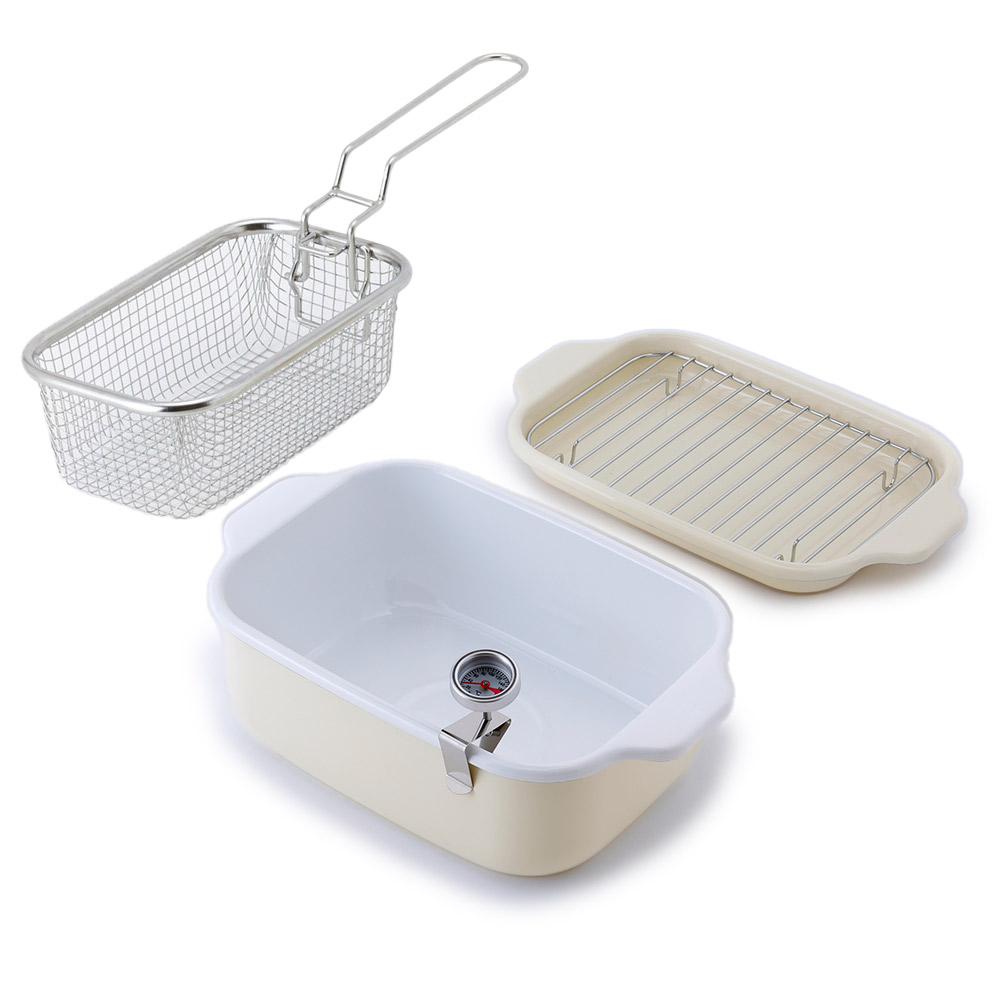 富士ホーロー 角型天ぷら鍋 角型揚げざる セット IH対応 温度計付き 揚げ網 バット付き TP-20K.W .LG.VA【天ぷら鍋 ホーロー 角型フライヤーバスケット 揚げザル ミニ 角 揚げ鍋 四角い 琺瑯 ほうろう】バニラ（ワイド） 角型揚げざる