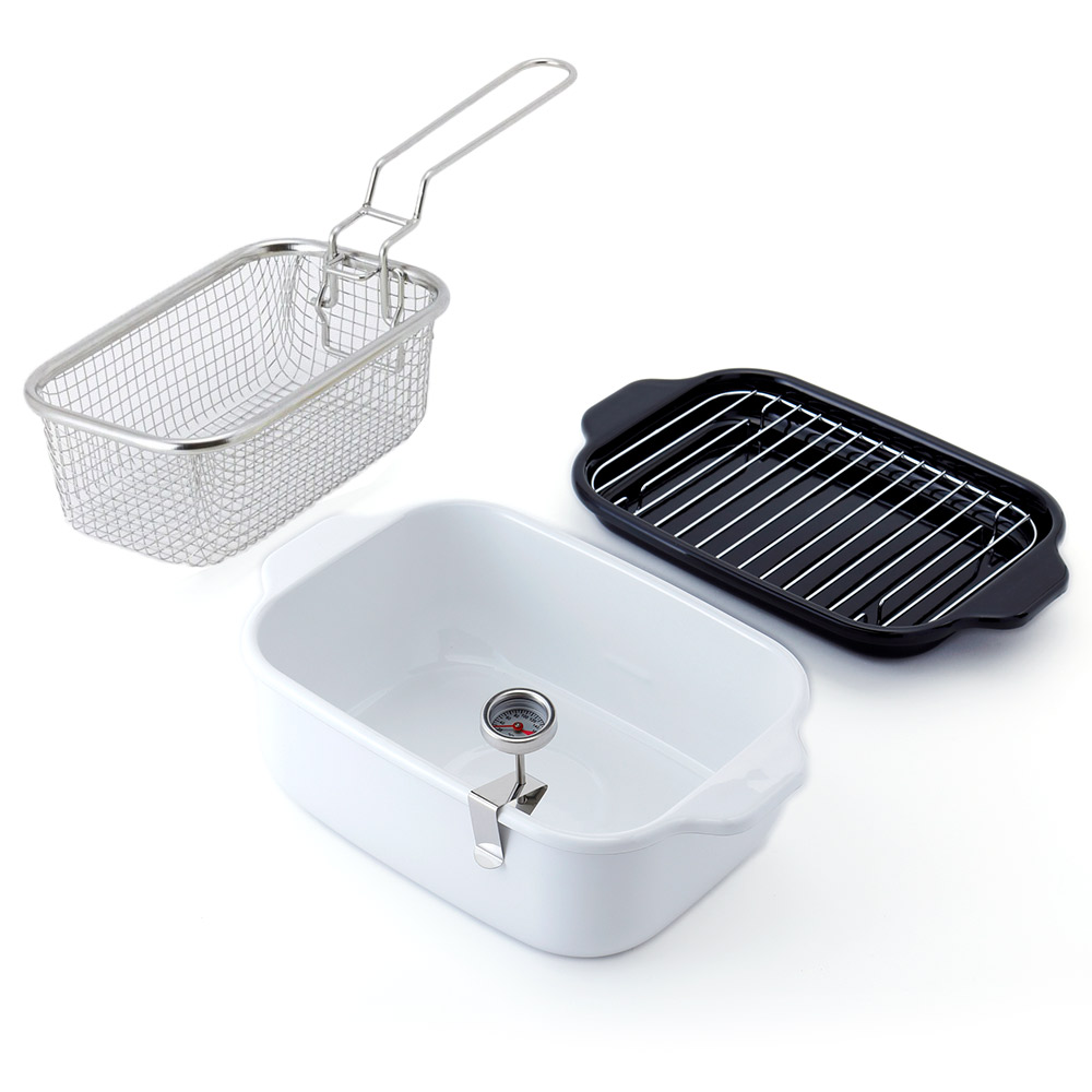 富士ホーロー 角型天ぷら鍋 角型揚げざる セット IH対応 温度計付き 揚げ網 バット付き TP-20K.W .LG.VA【天ぷら鍋 ホーロー 角型フライヤーバスケット 揚げザル ミニ 角 揚げ鍋 四角い 琺瑯 ほうろう】ホワイト（ワイド） 角型揚げざる