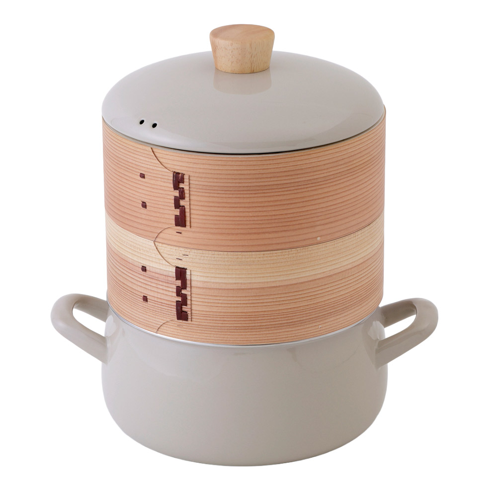 せいろ付きホーロー鍋 20cm 富士ホーロー ガス火 IH対応 1段 2段 シリコンメッシュシート SER-20W【琺瑯 両手鍋 竹せいろ 蒸篭 中華セイロ 蒸し セット 蒸し鍋 スチーマー】 グレージュ2段