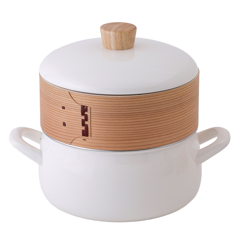 せいろ付きホーロー鍋 20cm 富士ホーロー ガス火 IH対応 1段 2段 シリコンメッシュシート SER-20W【琺瑯 両手鍋 竹せいろ 蒸篭 中華セイロ 蒸し セット 蒸し鍋 スチーマー】 ホワイト1段