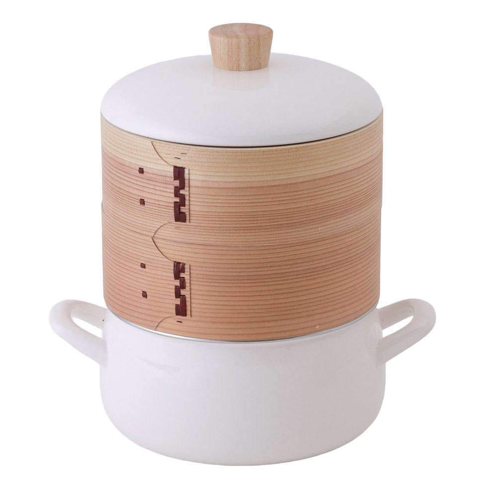 せいろ付きホーロー鍋 20cm 富士ホーロー ガス火 IH対応 1段 2段 シリコンメッシュシート SER-20W【琺瑯 両手鍋 竹せいろ 蒸篭 中華セイロ 蒸し セット 蒸し鍋 スチーマー】 ホワイト2段