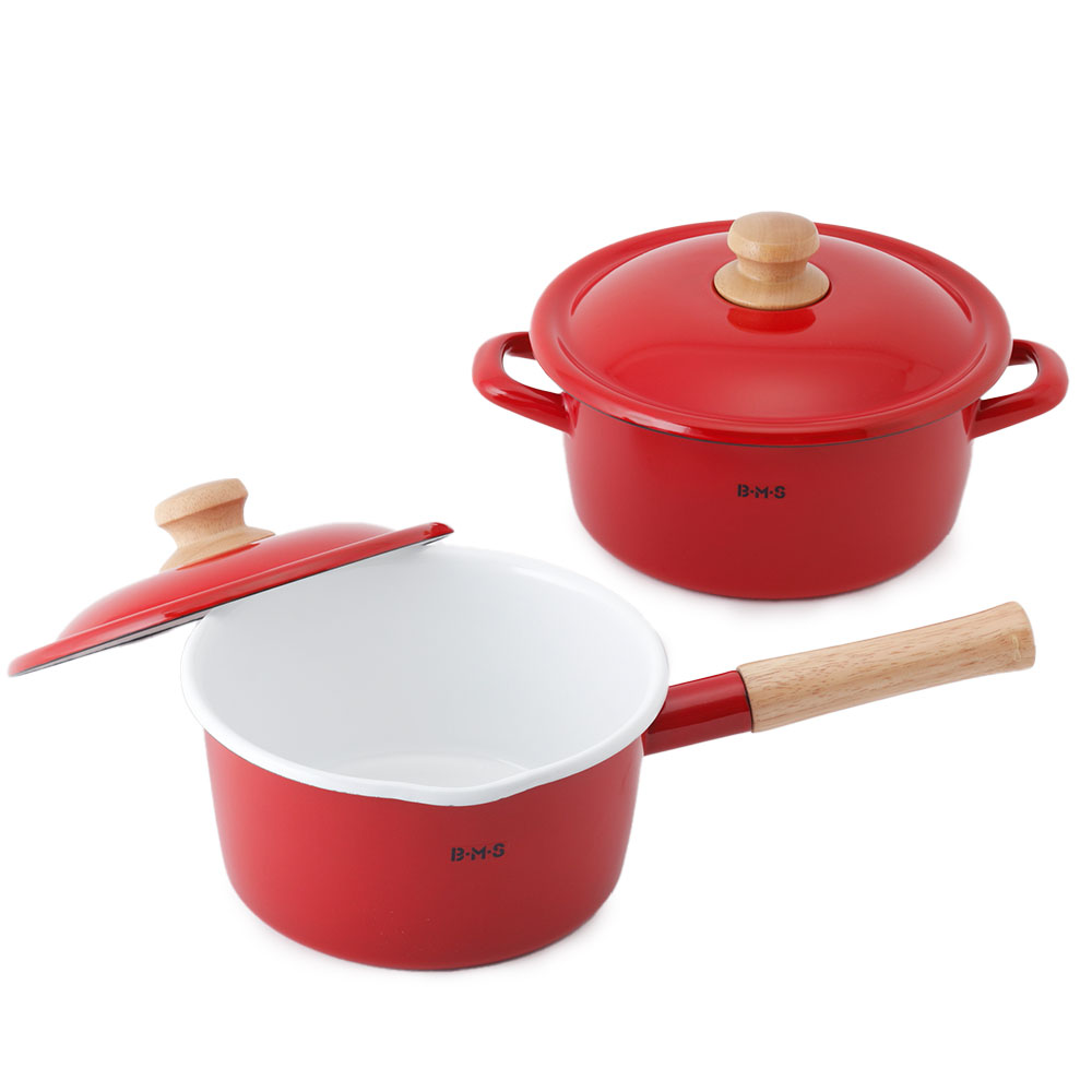 富士ホーロー BMS ビームス シンプル 片手鍋 18cm&両手鍋 20cm セット ガス火 IH対応【IH200V対応 ソースパン キャセロール ホーロー鍋 琺瑯鍋 調理器具】レッド