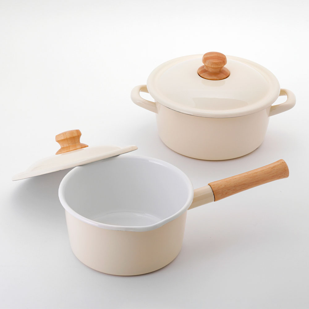 富士ホーロー BMS ビームス シンプル 片手鍋 18cm&両手鍋 20cm セット ガス火 IH対応【IH200V対応 ソースパン キャセロール ホーロー鍋 琺瑯鍋 調理器具】バニラ