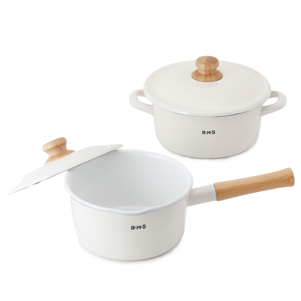 富士ホーロー BMS ビームス シンプル 片手鍋 18cm&両手鍋 20cm セット ガス火 IH対応【IH200V対応 ソースパン キャセロール ホーロー鍋 琺瑯鍋 調理器具】ホワイト