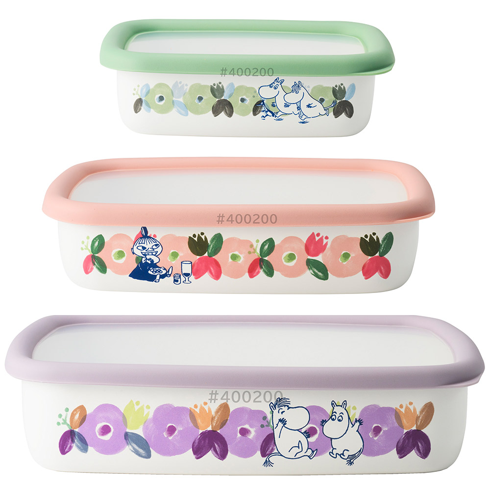 ムーミン フラワーガーデン ホーロー容器 浅型角容器 3個セット SML 1.6L 富士ホーロー【琺瑯 ほうろう 保存容器 セット 調理器具 直火 オーブン調理 キャラクター グッズ】