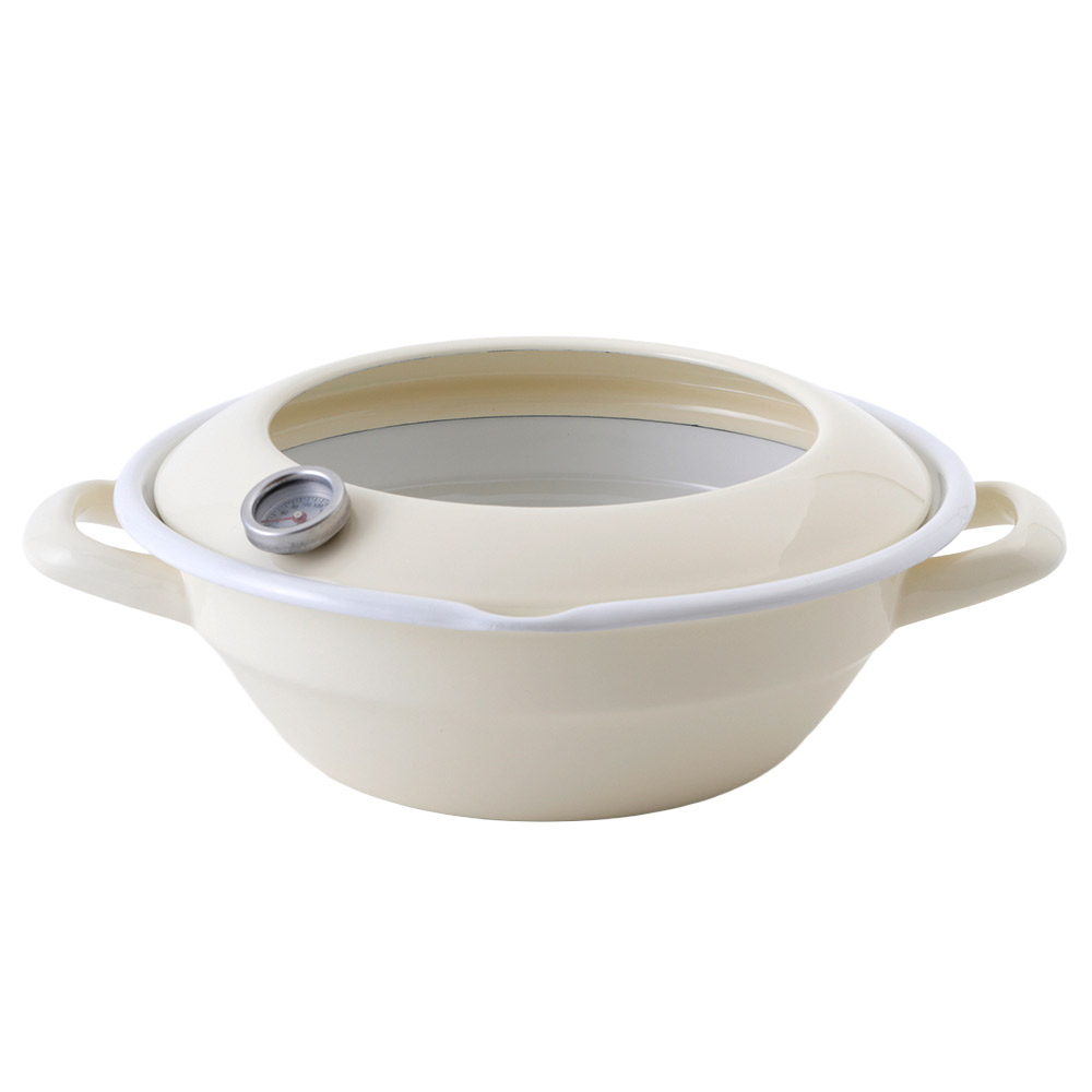 富士ホーロー 天ぷら鍋 温度計付き 24cm ガス火 IH対応 ホーロー【IH 200V 揚げ鍋 揚げ物 鍋 丸型 調理器具 ホーロー鍋 琺瑯鍋 両手鍋 串揚げ てんぷら鍋】 バニラ