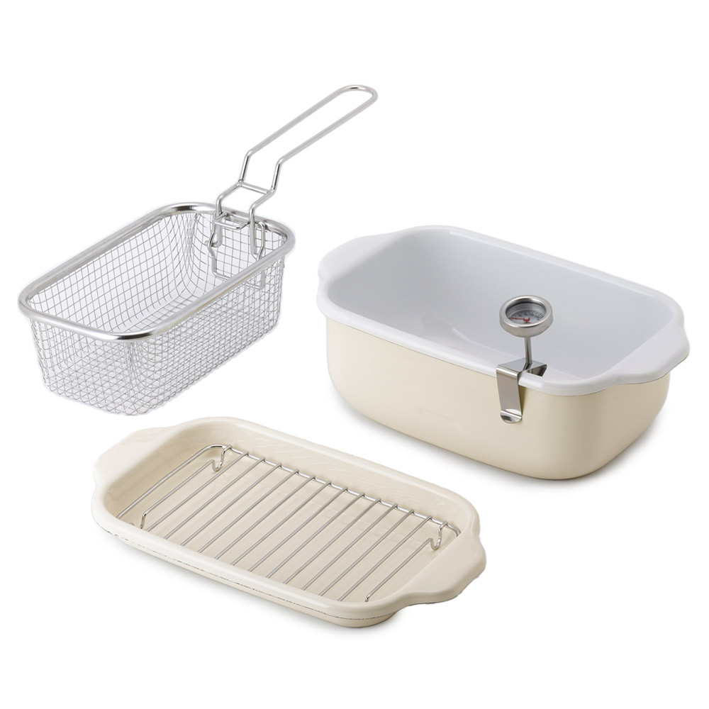富士ホーロー 角型天ぷら鍋 角型揚げざる セット IH対応 温度計付き 揚げ網 バット付き TP-20K.W .LG.VA【天ぷら鍋 ホーロー 角型フライヤーバスケット 揚げザル ミニ 角 揚げ鍋 四角い 琺瑯 ほうろう】バニラ 角型揚げざる