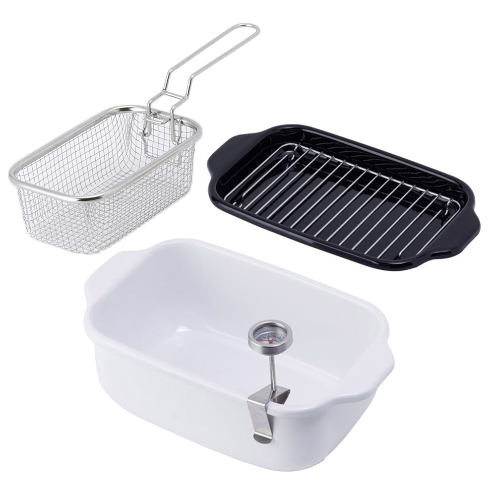 富士ホーロー 角型天ぷら鍋 角型揚げざる セット IH対応 温度計付き 揚げ網 バット付き TP-20K.W .LG.VA【天ぷら鍋 ホーロー 角型フライヤーバスケット 揚げザル ミニ 角 揚げ鍋 四角い 琺瑯 ほうろう】ホワイト 角型揚げざる