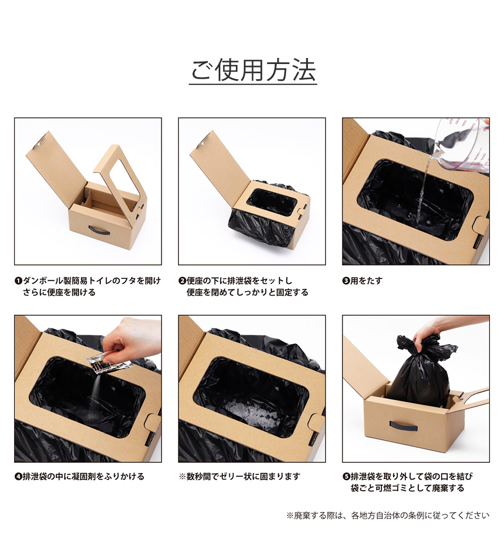 ダンボール製簡易トイレに排泄袋をセットし、用をたしてから抗菌性凝固剤を振りかけるだけ
