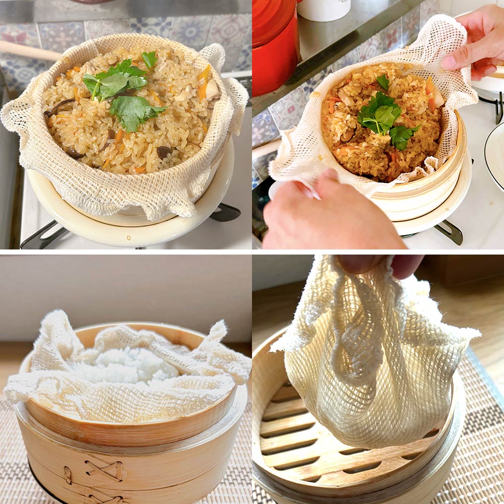 せいろに敷くとこびりつかず、布ごと引上げられて便利な蒸し布