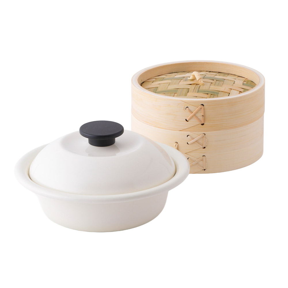 野田琺瑯 ココナベ せいろセット 個々鍋 小 19cm ガス火 IH対応 蒸し布付き せいろ付きホーロー鍋【竹製 中華セイロ 蒸し鍋 蒸篭 スチーマー ホーロー鍋 琺瑯鍋 一人用鍋 容器 食器 日本製】1段 乳白