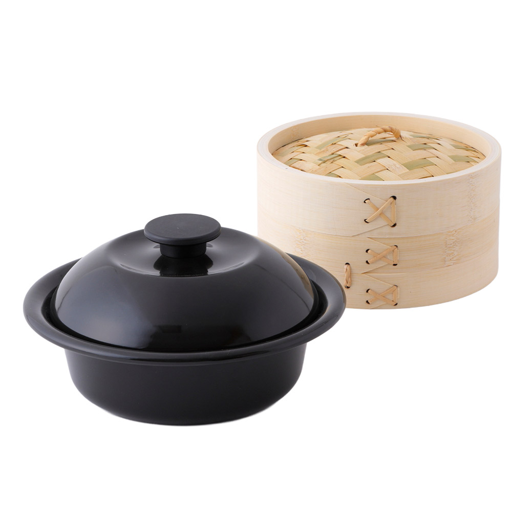 野田琺瑯 ココナベ せいろセット 個々鍋 大 21cm ガス火 IH対応 蒸し布付き せいろ付きホーロー鍋【竹製 中華セイロ 蒸し鍋 蒸篭 スチーマー ホーロー鍋 琺瑯鍋 一人用鍋 容器 食器 日本製】1段 渋黒