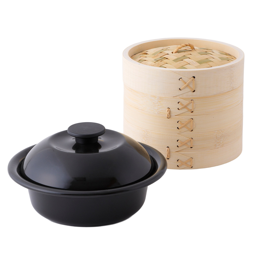 野田琺瑯 ココナベ せいろセット 個々鍋 大 21cm ガス火 IH対応 蒸し布付き せいろ付きホーロー鍋【竹製 中華セイロ 蒸し鍋 蒸篭 スチーマー ホーロー鍋 琺瑯鍋 一人用鍋 容器 食器 日本製】2段 渋黒