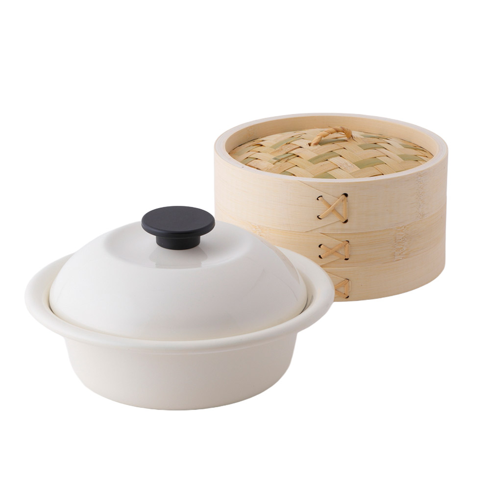 野田琺瑯 ココナベ せいろセット 個々鍋 大 21cm ガス火 IH対応 蒸し布付き せいろ付きホーロー鍋【竹製 中華セイロ 蒸し鍋 蒸篭 スチーマー ホーロー鍋 琺瑯鍋 一人用鍋 容器 食器 日本製】1段 乳白