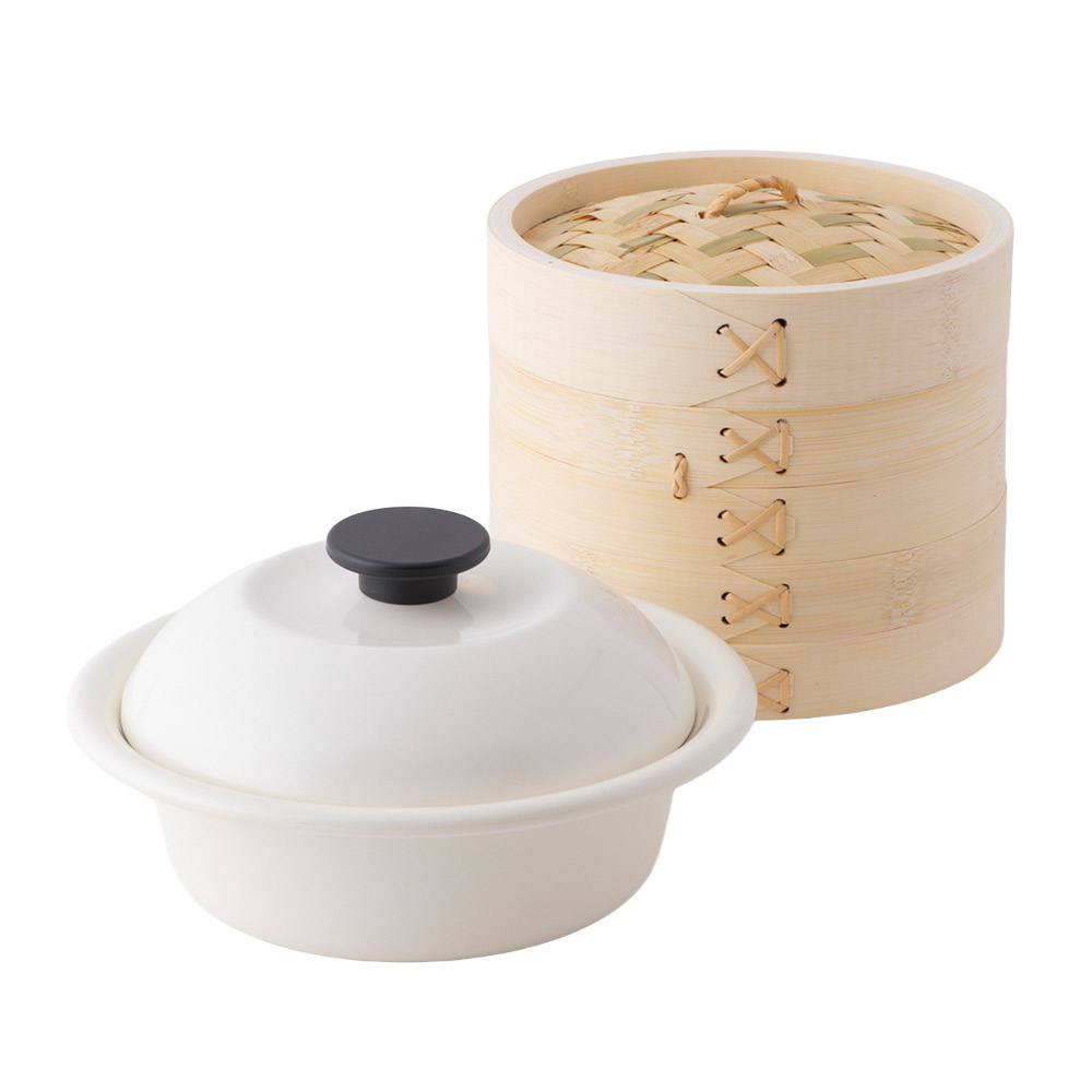 野田琺瑯 ココナベ せいろセット 個々鍋 大 21cm ガス火 IH対応 蒸し布付き せいろ付きホーロー鍋【竹製 中華セイロ 蒸し鍋 蒸篭 スチーマー ホーロー鍋 琺瑯鍋 一人用鍋 容器 食器 日本製】2段 乳白