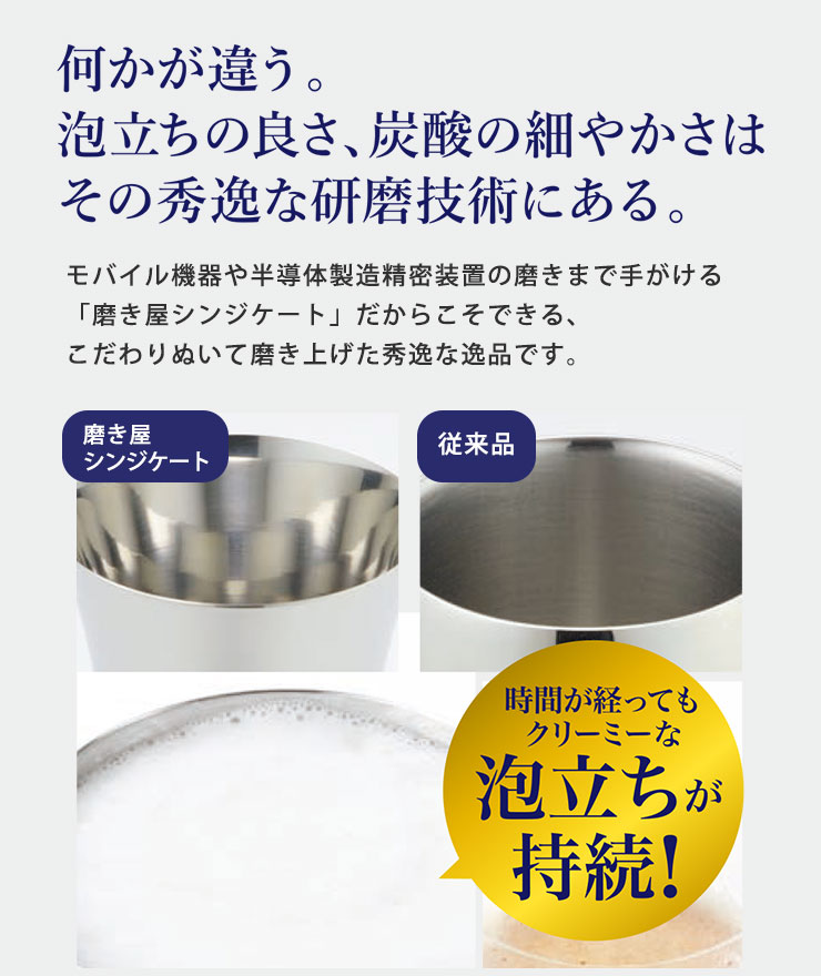 秀逸な研磨技術により、泡立ちの良さ、炭酸の細かさを実現