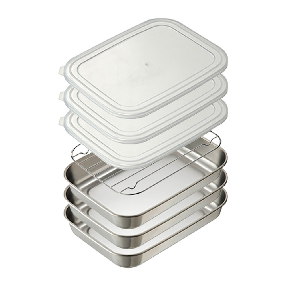 オークス キッチンバット 小 3枚セット 蓋付き アミ付き シンプルで使いやすいバットセット AUX TN1384【角バット 天ぷらバット 揚げ網付き 揚げ物 バット ステンレス 調理ツール 日本製】