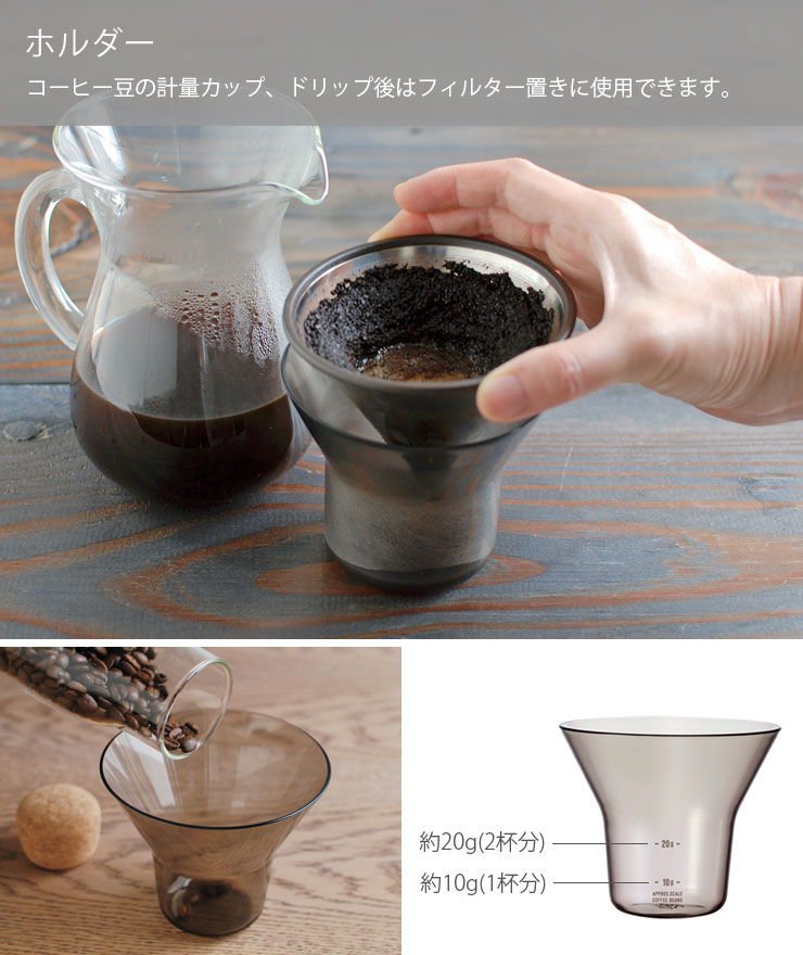 ホルダーはコーヒー豆の計量とドリップ後のフィルター置きに使えます