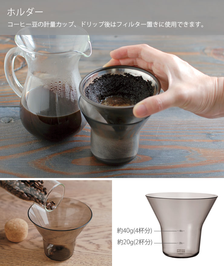 ホルダーはコーヒー豆の計量とドリップ後のフィルター置きに使えます