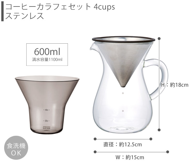 やわらかなフォルムが魅力のカラフェ、コーヒー豆本来の味わいを引き出すステンレスフィルター、豆の計量が出来て便利なフィルターホルダーのセット