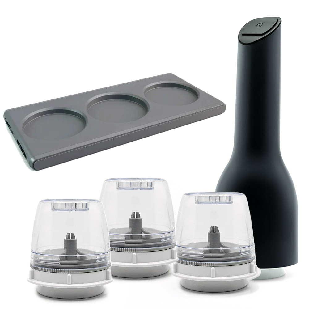 フィナミル 電動スパイスミル ポット トレイ セット finamill LEDライト付き FM-001【電動ミル 塩 胡椒 ソルト ペッパー ミル セット ごまミル スパイスミル 電動 キッチン家電】グレー