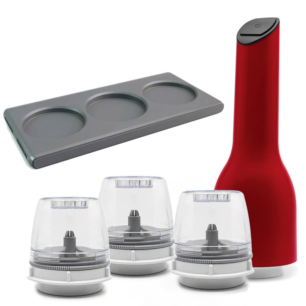 フィナミル 電動スパイスミル ポット トレイ セット finamill LEDライト付き FM-001【電動ミル 塩 胡椒 ソルト ペッパー ミル セット ごまミル スパイスミル 電動 キッチン家電】チェリーレッド