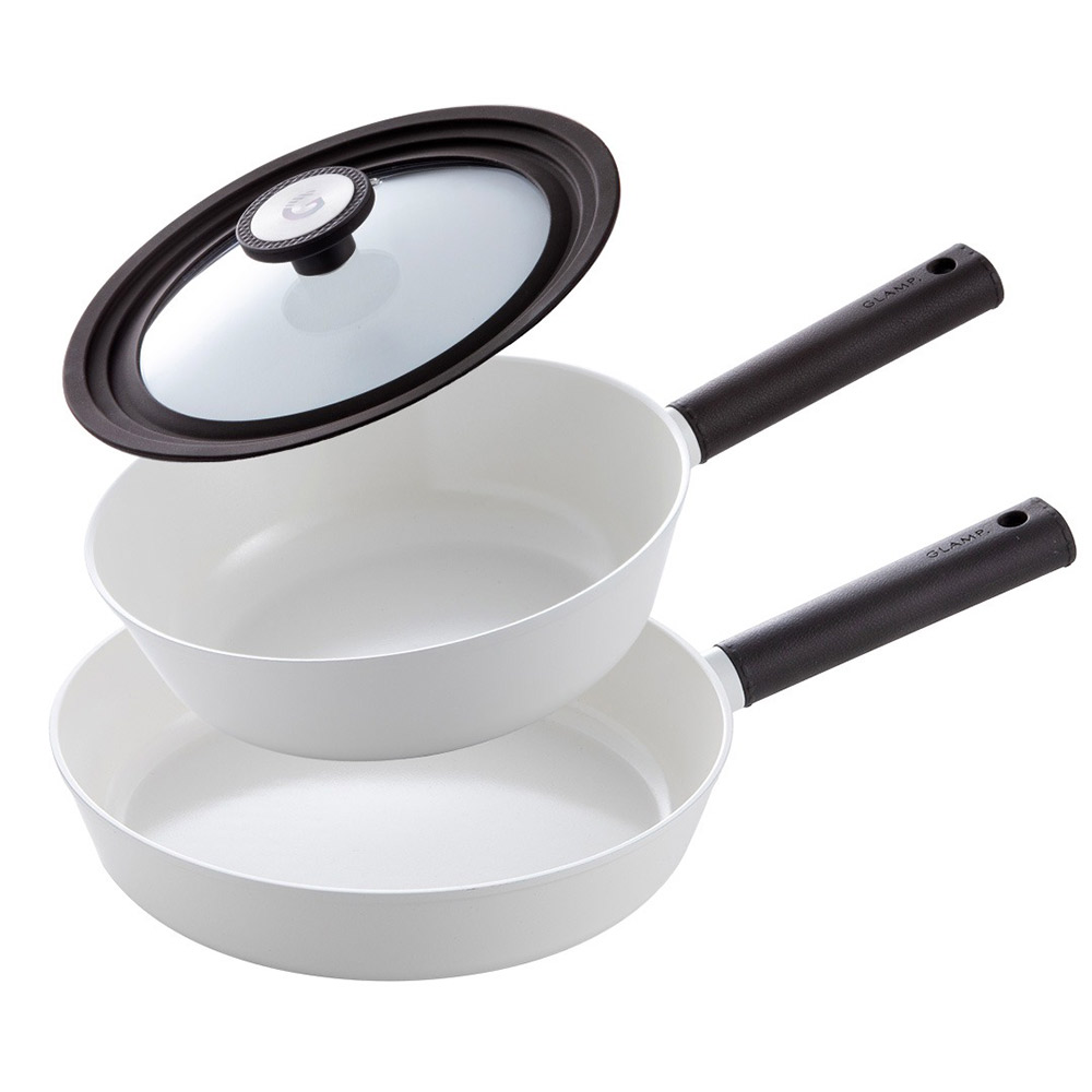 セラミックフライパン トライミー 3点セット 深型24cm 26cm 兼用蓋 ガス火 IH対応 グランプ GLAMP. PFOAフリー【フライパン セット セラミックコーティング 軽量 PFOA PFASフリー アルミ フッ素不使用】 ホワイト