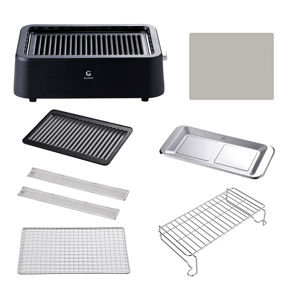 グランプ 超少煙グリル 減煙 焼肉プレート シリコンマット付き スモークレス グリル GLAMP. LIMON ライモン【焼き肉 無煙 減煙 ホットプレート 焼き鳥グリル 煙が出にくい 遠赤外線 静音 家庭用 卓上 キッチン家電】ブラック まるで七輪セット