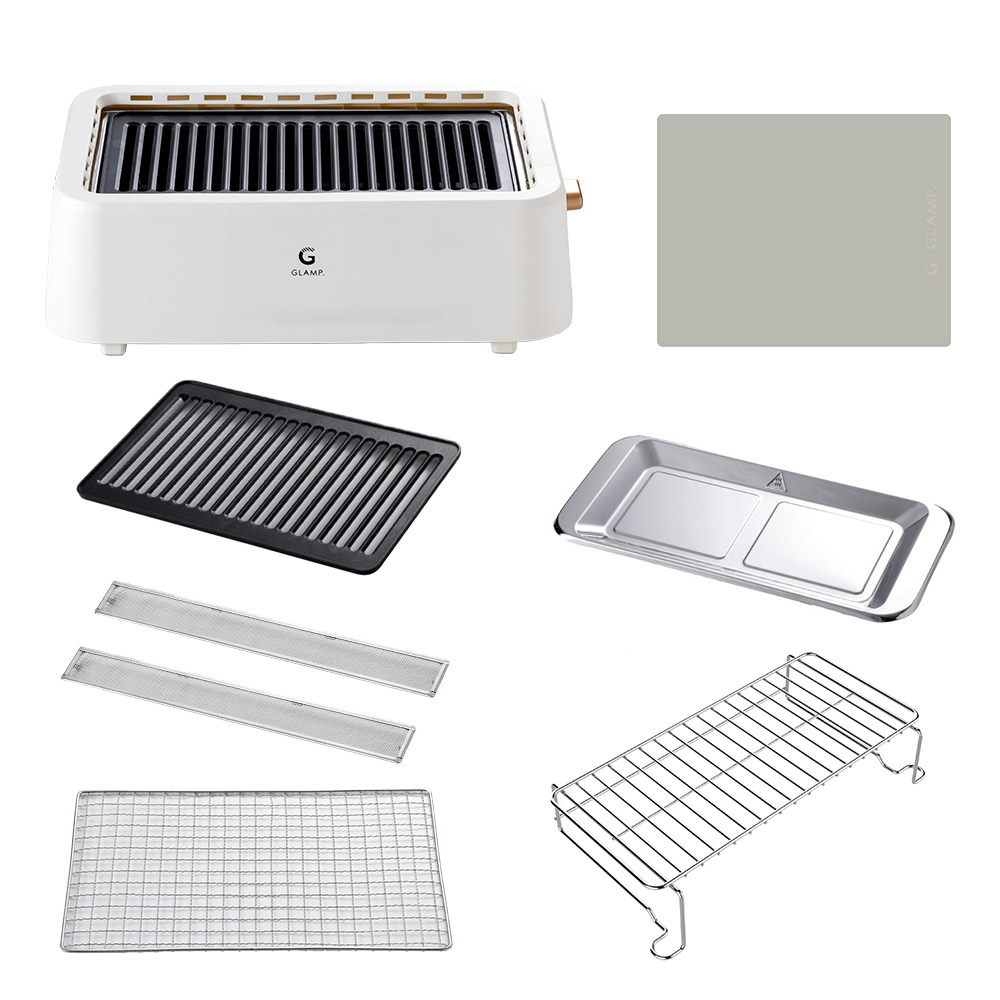 グランプ 超少煙グリル 減煙 焼肉プレート シリコンマット付き スモークレス グリル GLAMP. LIMON ライモン【焼き肉 無煙 減煙 ホットプレート 焼き鳥グリル 煙が出にくい 遠赤外線 静音 家庭用 卓上 キッチン家電】ホワイト まるで七輪セット
