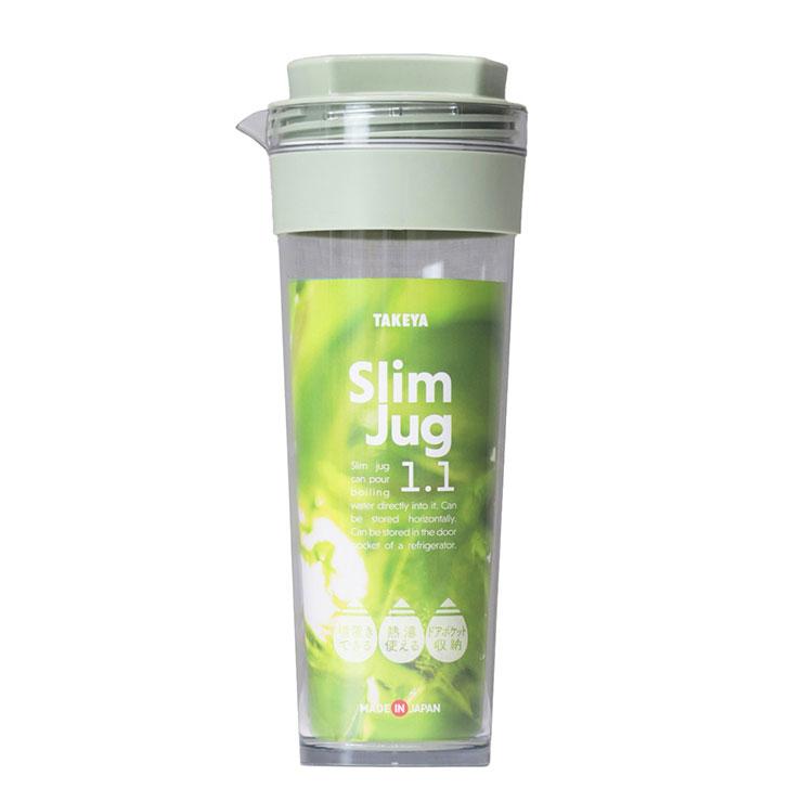 タケヤ スリムジャグ 2 耐熱 冷水筒 1.1L【横置き 麦茶ポット ピッチャー 洗いやすい 熱湯OK 1リットル ウォーターピッチャー プラスチック 日本製】 グリーン