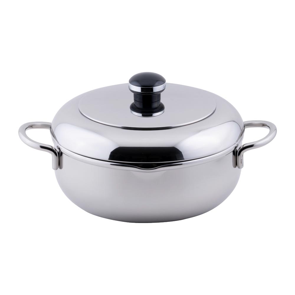 オブジェ ザ・テンプラ 天ぷら鍋 両手鍋 18cm ガス火 IH対応 蓋付き 油よけフード ステンレス 宮崎製作所 Objet OJ-43【てんぷら鍋 揚げ鍋 丸型 フタ 揚げ物調理 鍋 IH 全面鉄芯三層鋼 日本製】