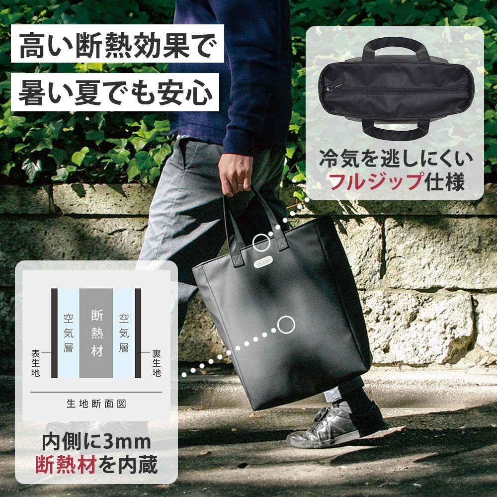内側には3mmの断熱材をしっかり内蔵し、開口部は冷気を逃しにくいフルジップ仕様