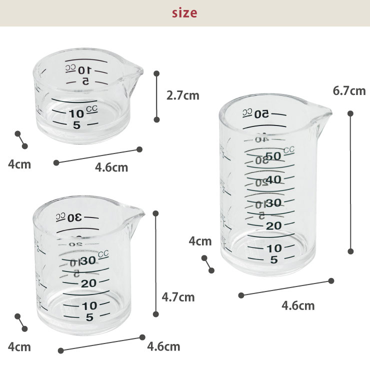 お菓子作りのレシピに多い、10cc、20cc、30cc、40cc、50ccが計りやすい計量カップセット