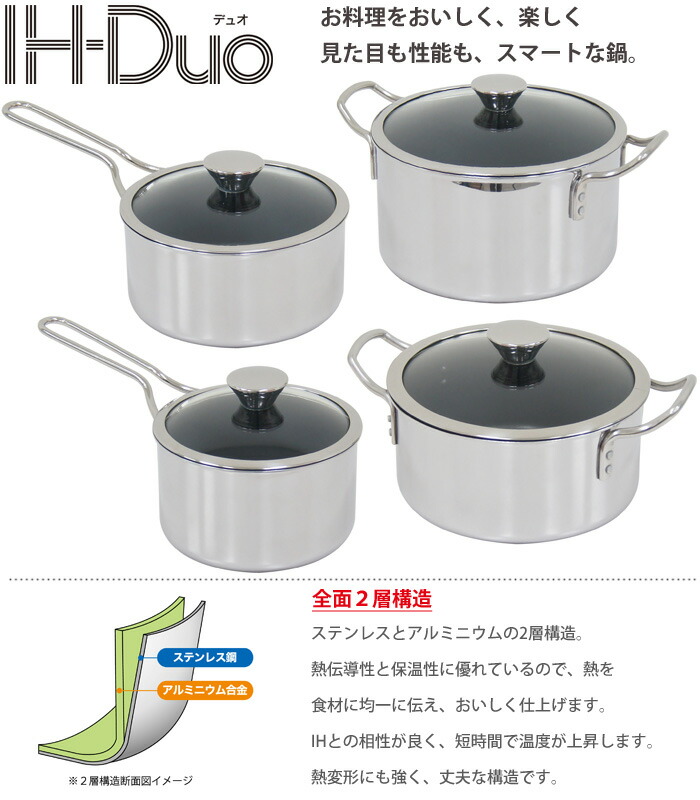 ウルシヤマ金属工業,IH-Duo デュオ,片手鍋,IH対応,UMIC,アルミ,ステンレス,2層構造